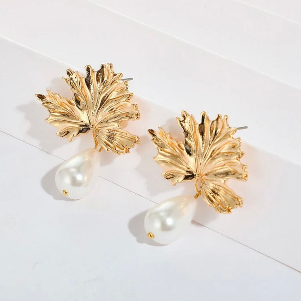 Leaf Pearl Drop Earrings pair